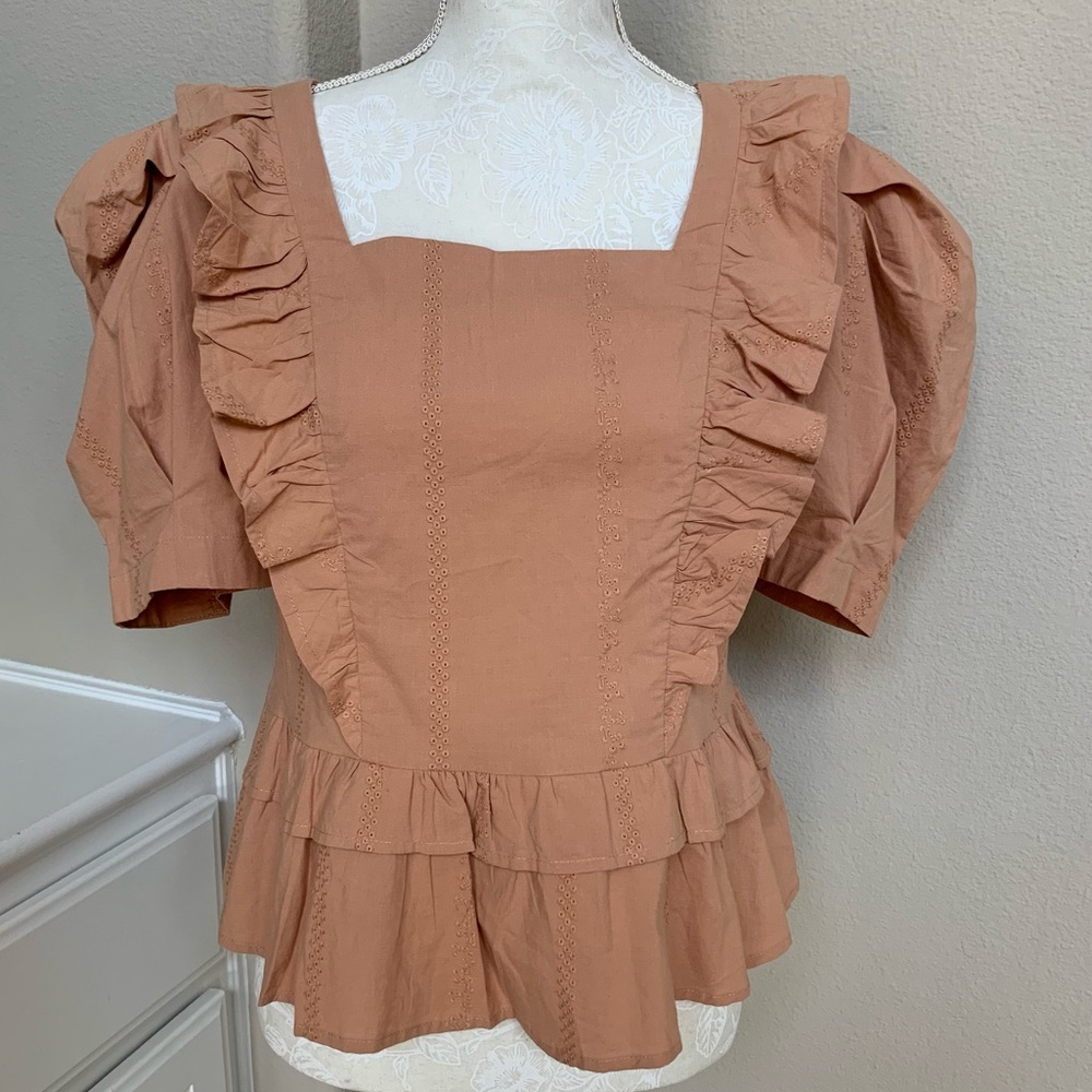 Universal Thread Cotton Ruffle Blouse Shirt with Peplum and Puffy Sleeve - Small